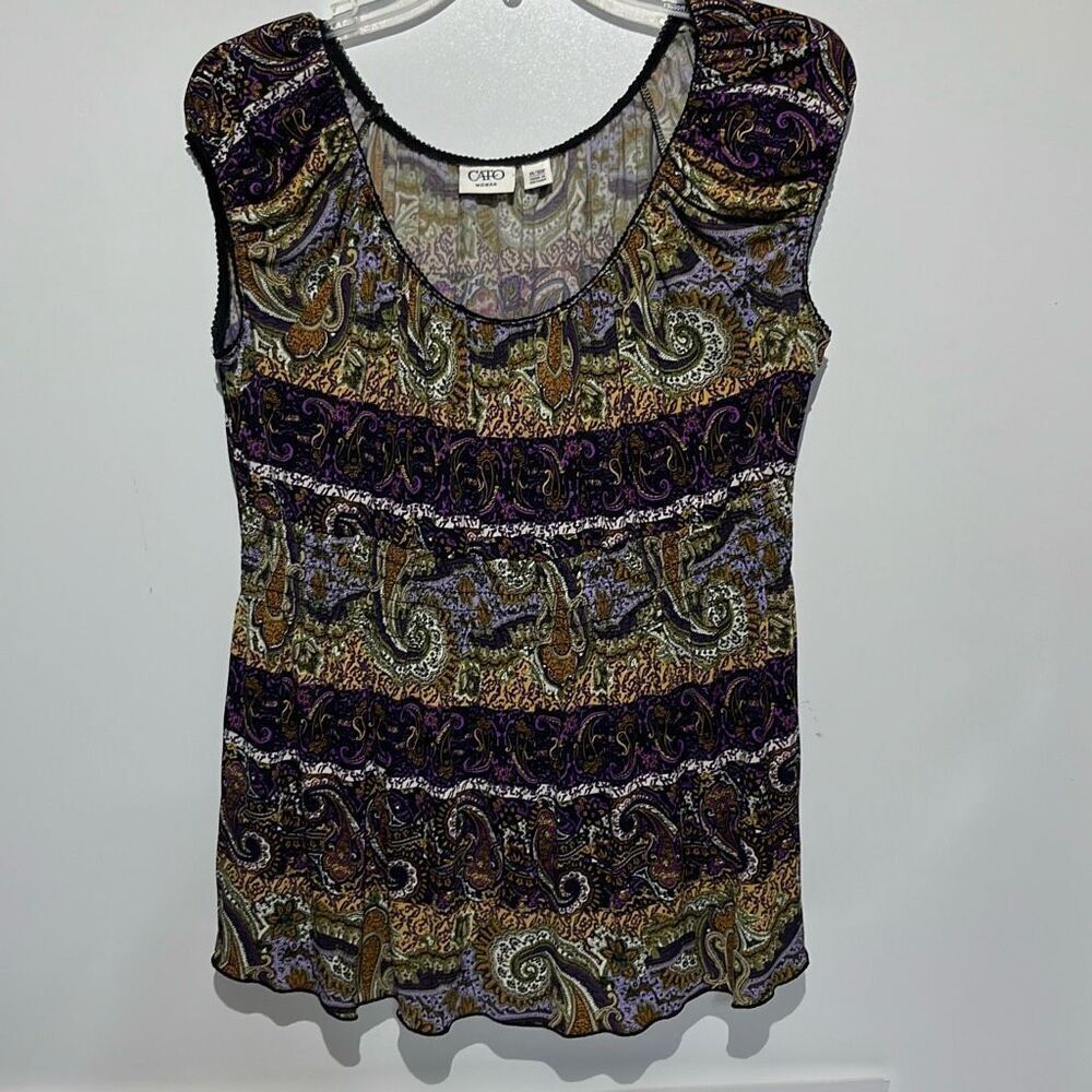 Cato Woman Purple Gold Paisley Smocked Waist Sleeveless Top 14/16W‎ Boho Lace